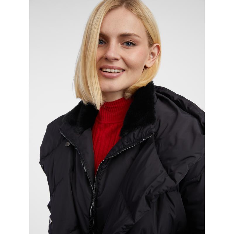 Fekete női téli steppelt kabát