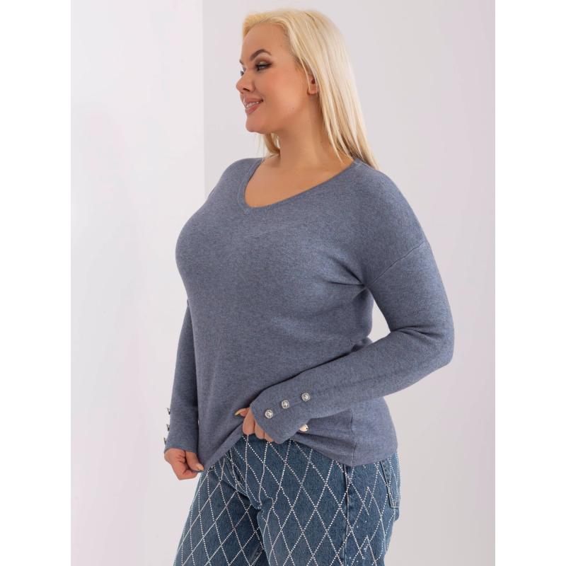 Dámský svetr s véčkovým výstřihem plus size KRE šedomodrý 