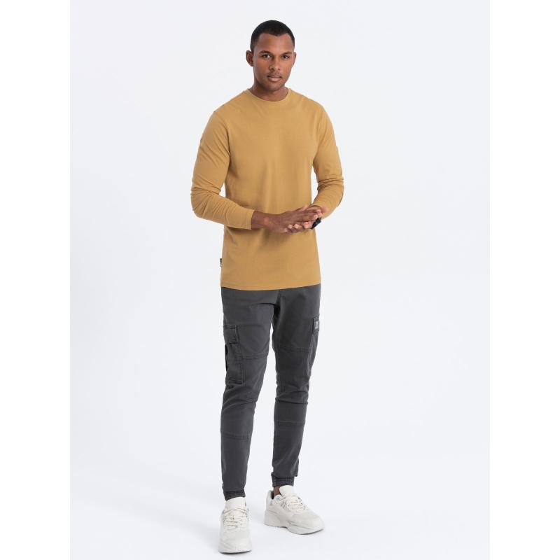 Pánské tričko s dlouhým rukávem bez potisku V10 OM-LSBL-0106 hořčicový 