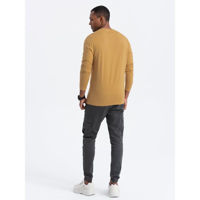 Pánské tričko s dlouhým rukávem bez potisku V10 OM-LSBL-0106 hořčicový 