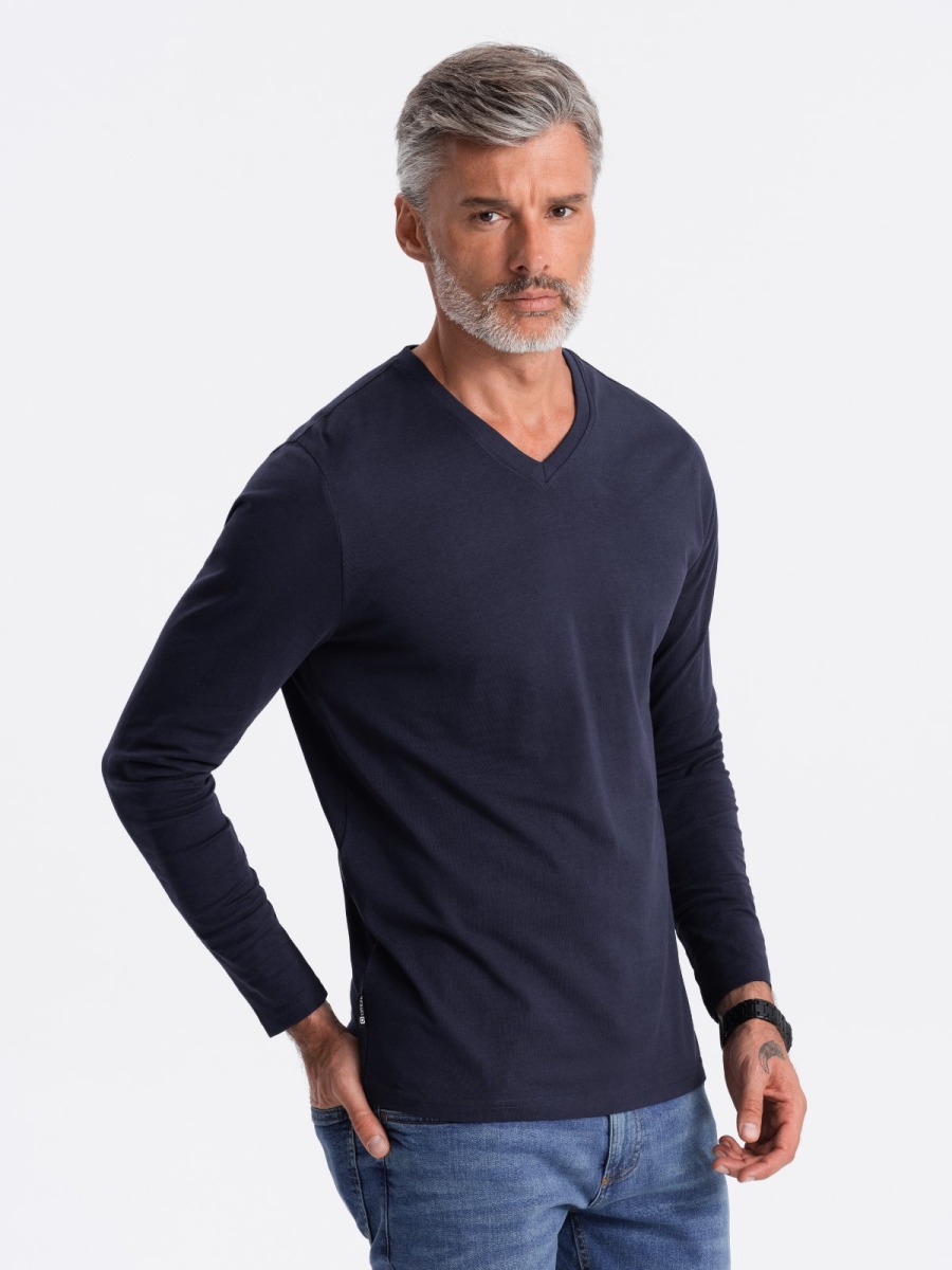 Férfi hosszú ujjú póló V-NECK nyomtatás nélkül sötétkék