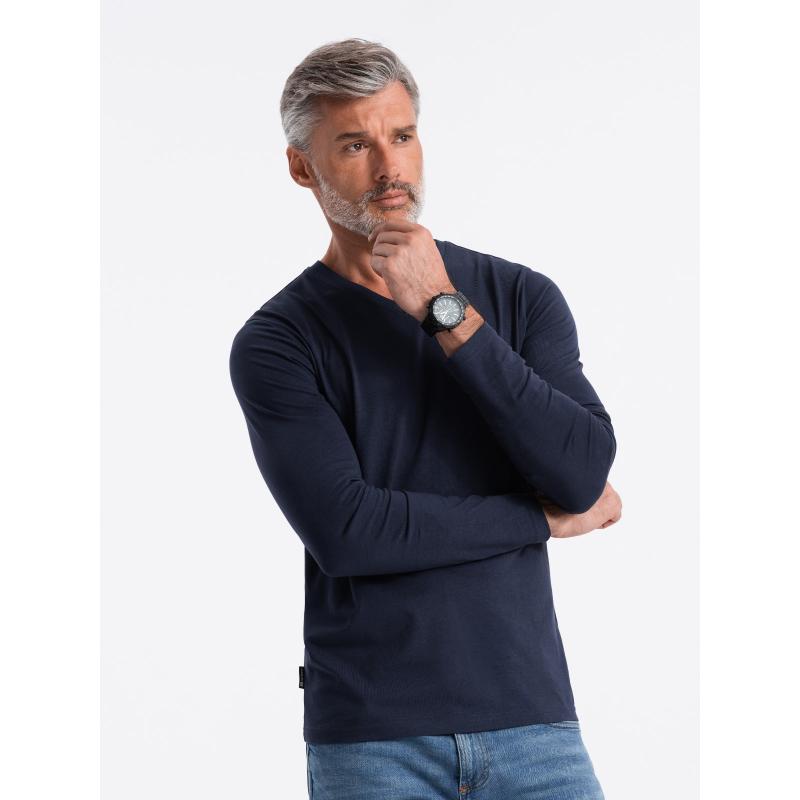 Pánske tričko s dlhým rukávom V-NECK bez potlače tmavomodré
