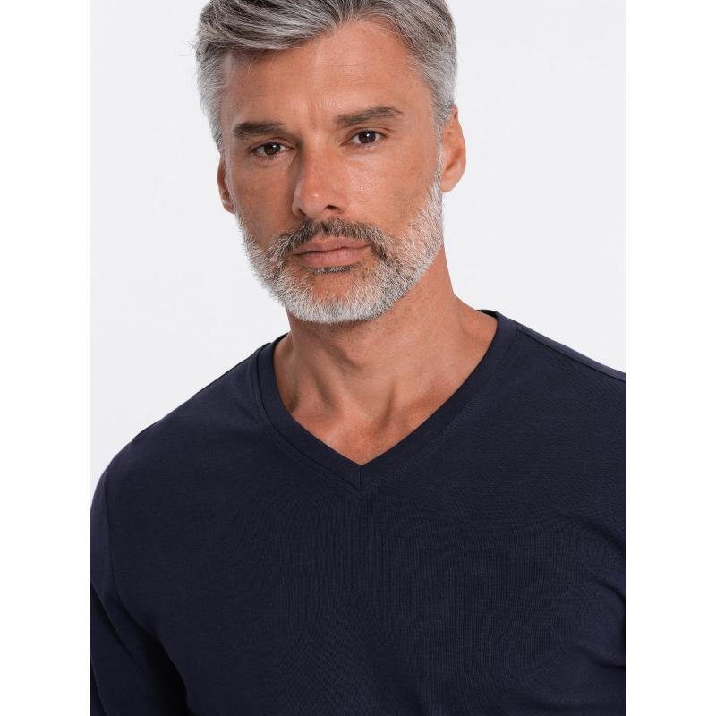 Pánske tričko s dlhým rukávom V-NECK bez potlače tmavomodré