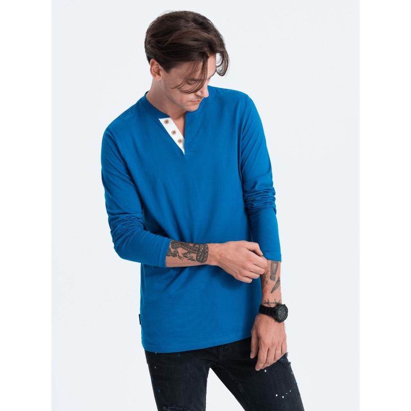 Pánské tričko s dlouhým rukávems výstřihem HENLEY modrý 