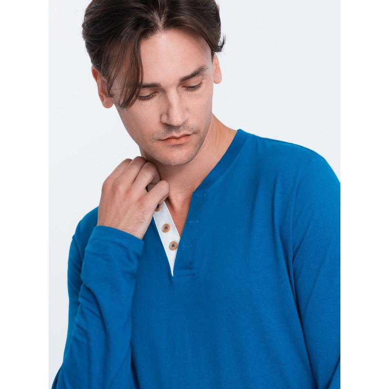 Pánske tričko s dlhým rukávom a výstrihom HENLEY modré