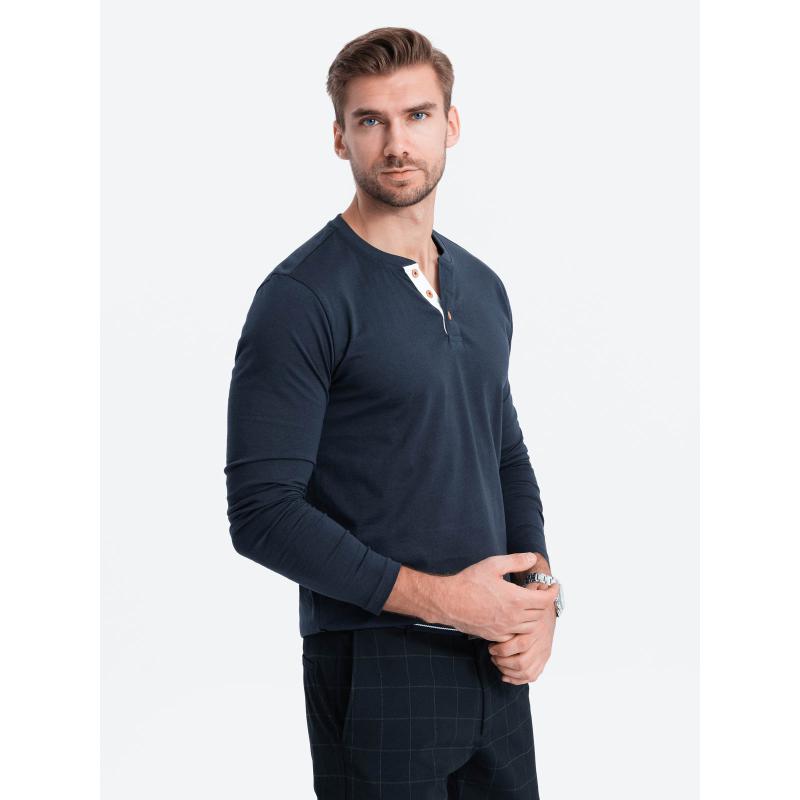 Pánske tričko s dlhým rukávom a výstrihom HENLEY tmavomodré