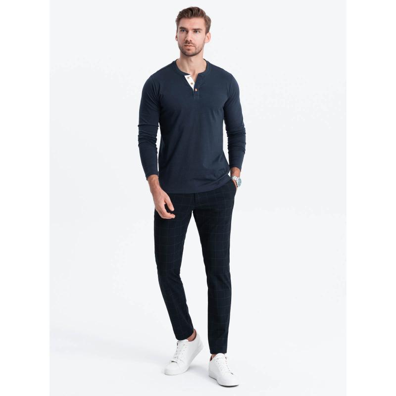 Pánske tričko s dlhým rukávom a výstrihom HENLEY tmavomodré