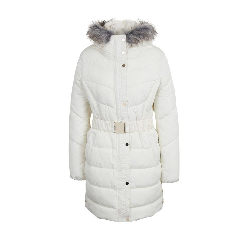 Krémszínű női steppelt kabát műszőrmével