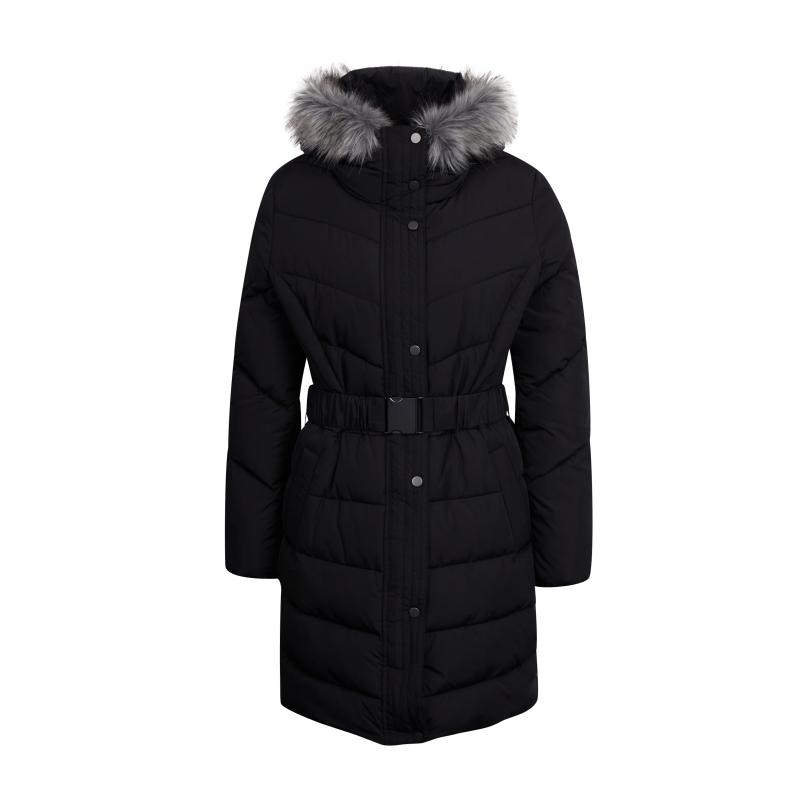 Fekete női steppelt kabát műszőrmével