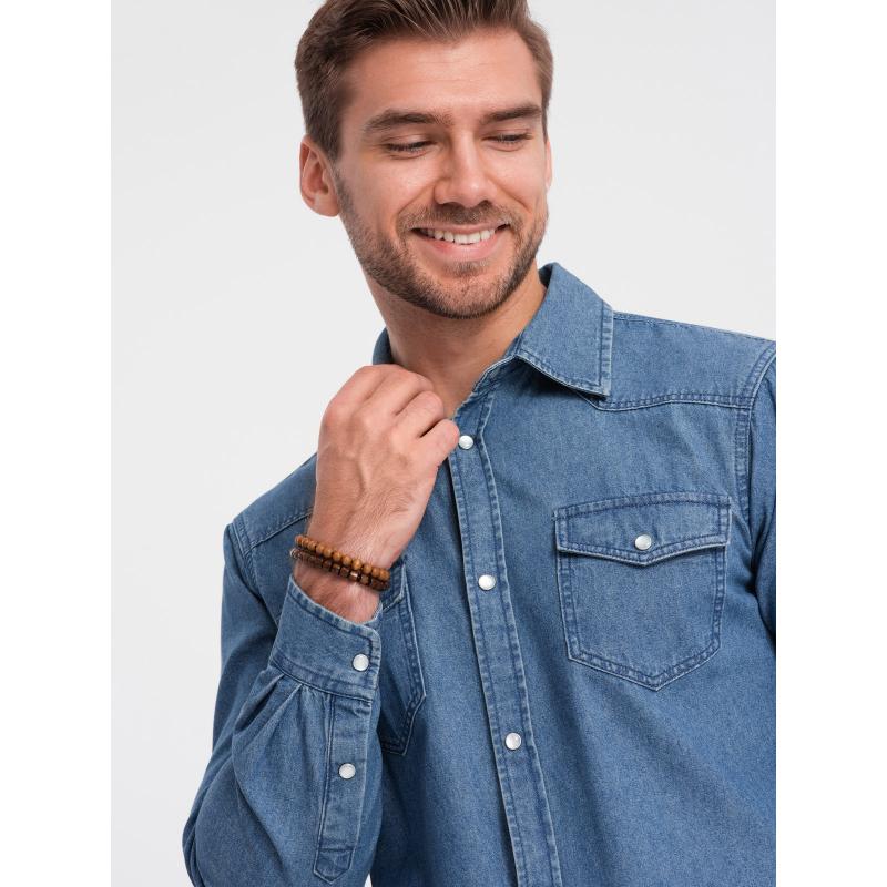 Pánská džínová košile na patentky s kapsami V2 OM-SHDS-0115 modrá 