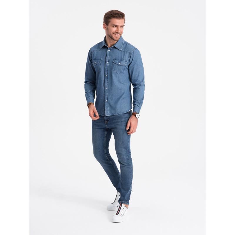 Pánská džínová košile na patentky s kapsami V2 OM-SHDS-0115 modrá 