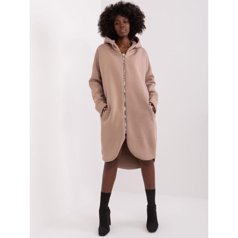 Női pulóver zsebekkel sötétbézs színben