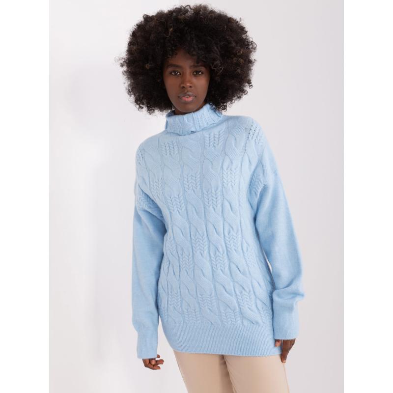 Dámský svetr s rolákem a náplety BIT světle modrý