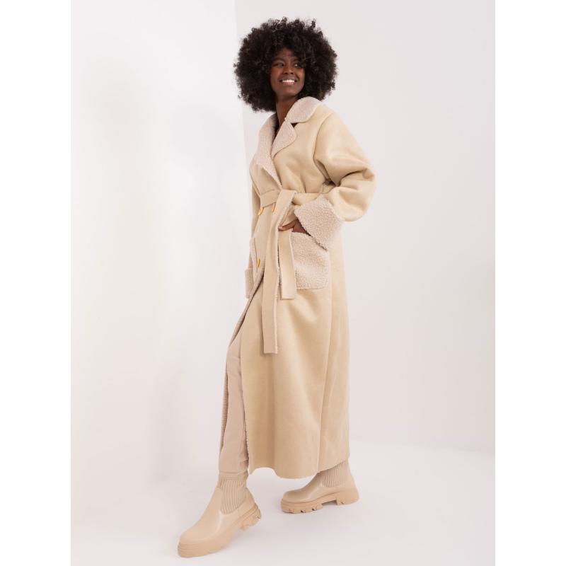 Dámský kabát s páskem zimní béžový 