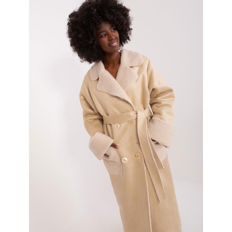 Dámský kabát s páskem zimní béžový 