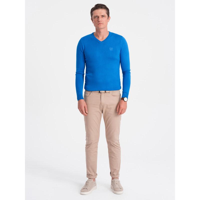 Pánský svetr s výstřihem do V V19 OM-SWBS-0107 modrý 