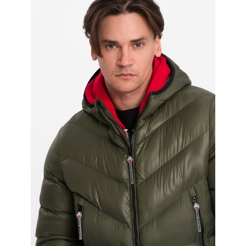 Pánská prošívaná zimní bunda V3 OM-JAHP-0145 tmavě olivově zelená 