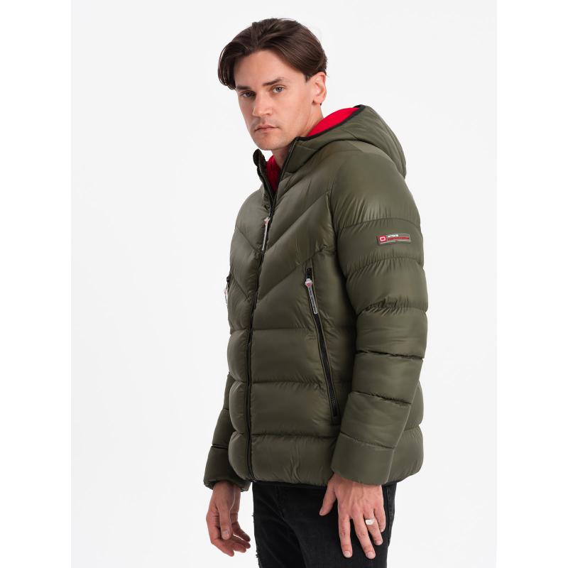 Pánská prošívaná zimní bunda V3 OM-JAHP-0145 tmavě olivově zelená 