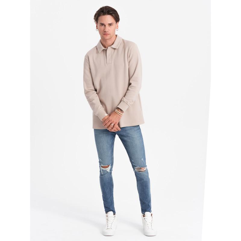 Pánska pletená polokošeľa s golierom V2 OM-SSNZ-0149 béžová