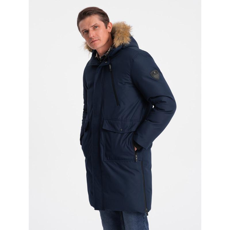 Pánska zimná bunda s odnímateľnou kožušinovou kapucňou ALASKAN tmavomodrá