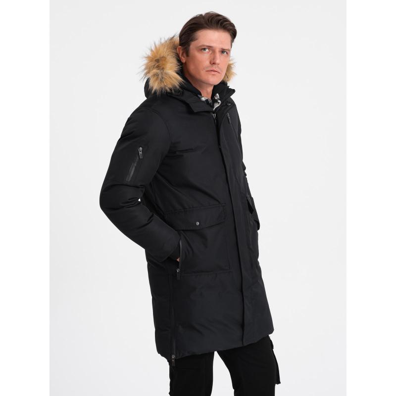 Pánska zimná bunda s odnímateľnou kožušinovou kapucňou ALASKAN čierna