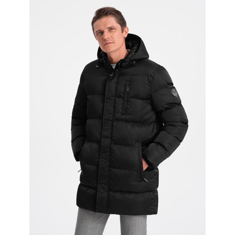 Férfi hosszú téli steppelt kabát V3 OM-JALJ-0147 fekete