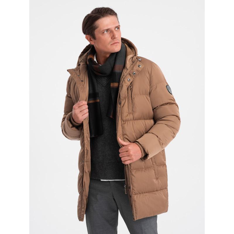 Pánská dlouhá zimní prošívaná bunda V2 OM-JALJ-0147 světle hnědá 