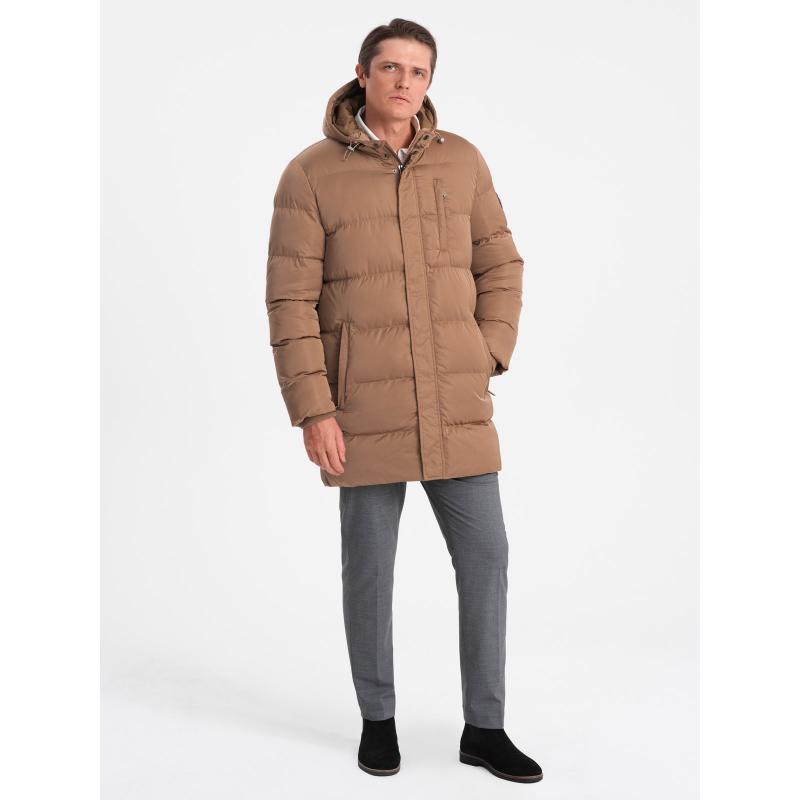 Pánská dlouhá zimní prošívaná bunda V2 OM-JALJ-0147 světle hnědá 