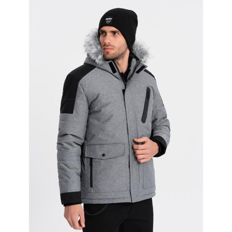 Férfi hosszú téli kabát kivehető szőrmével V1 OM-JAHP-0144 szürke és fekete OM-JAHP-0144