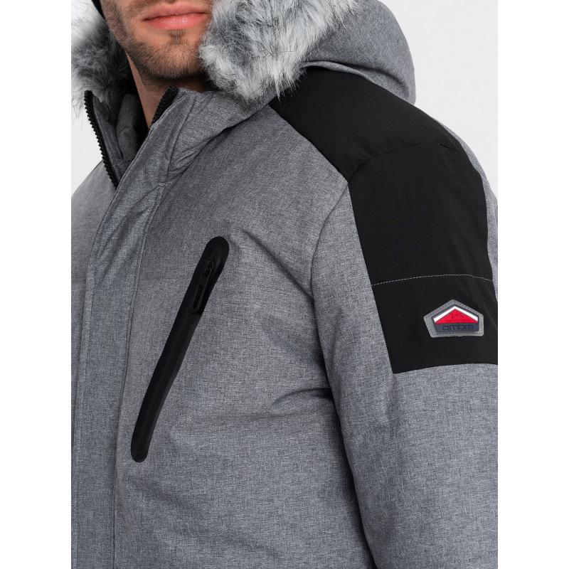 Férfi hosszú téli kabát kivehető szőrmével V1 OM-JAHP-0144 szürke és fekete OM-JAHP-0144