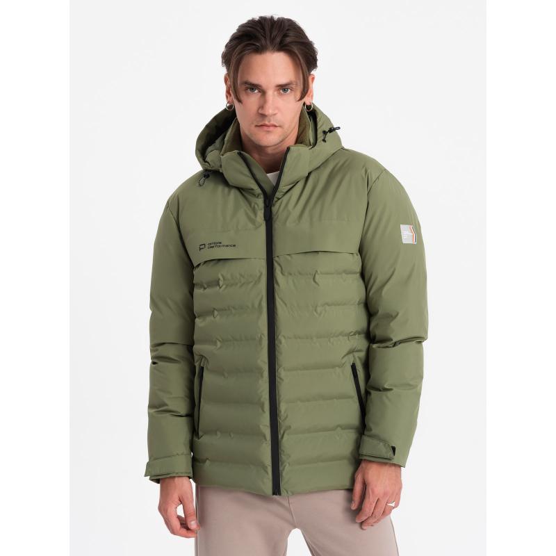 Pánska dlhá zimná bunda s odnímateľnou kapucňou V1 OM-JAHP-0150 olivová