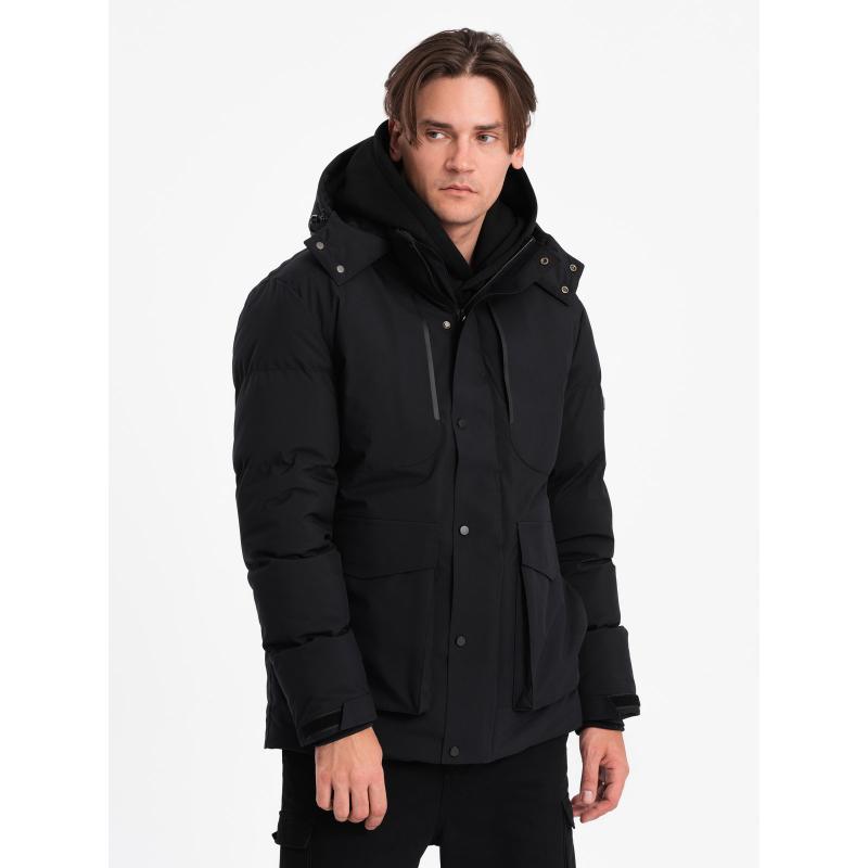 Pánska zimná bunda s odopínateľnou kapucňou a cargo vreckami V3 OM-JAHP-0152 čierna