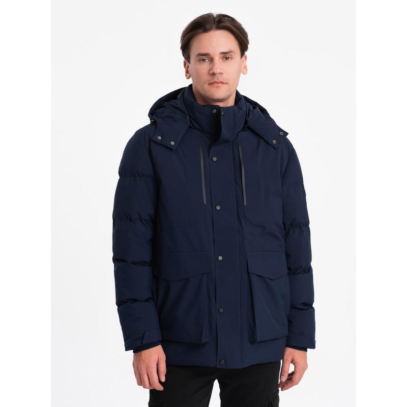 Pánska zimná bunda s odnímateľnou kapucňou V1 OM-JAHP-0152 tmavomodrá