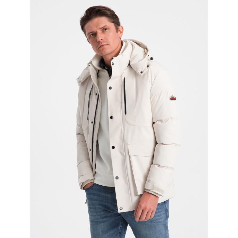 Pánska zimná bunda s odnímateľnou kapucňou V2 OM-JAHP-0152 krémová