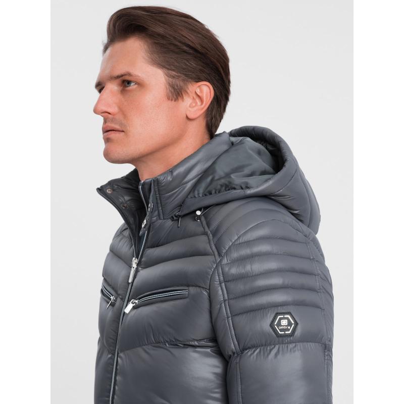 Pánská prošívaná zimní bunda s ozdobnými zipy V3 OM-JAHP-22FW-010 grafitová 