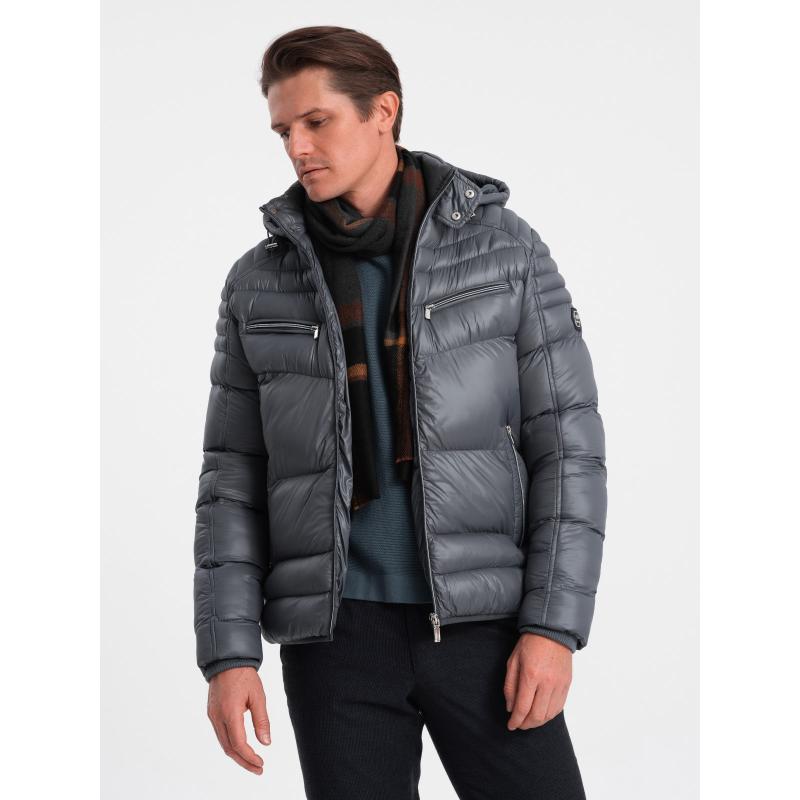 Pánská prošívaná zimní bunda s ozdobnými zipy V3 OM-JAHP-22FW-010 grafitová 