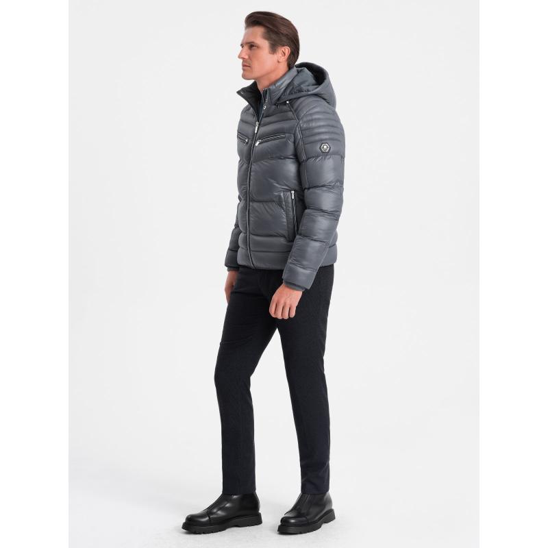 Pánská prošívaná zimní bunda s ozdobnými zipy V3 OM-JAHP-22FW-010 grafitová 