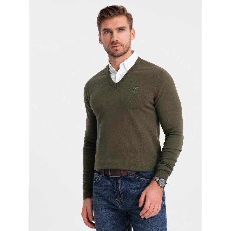 Pánský svetr s výstřihem do V V5 OM-SWSW-0102 tmavě olivový