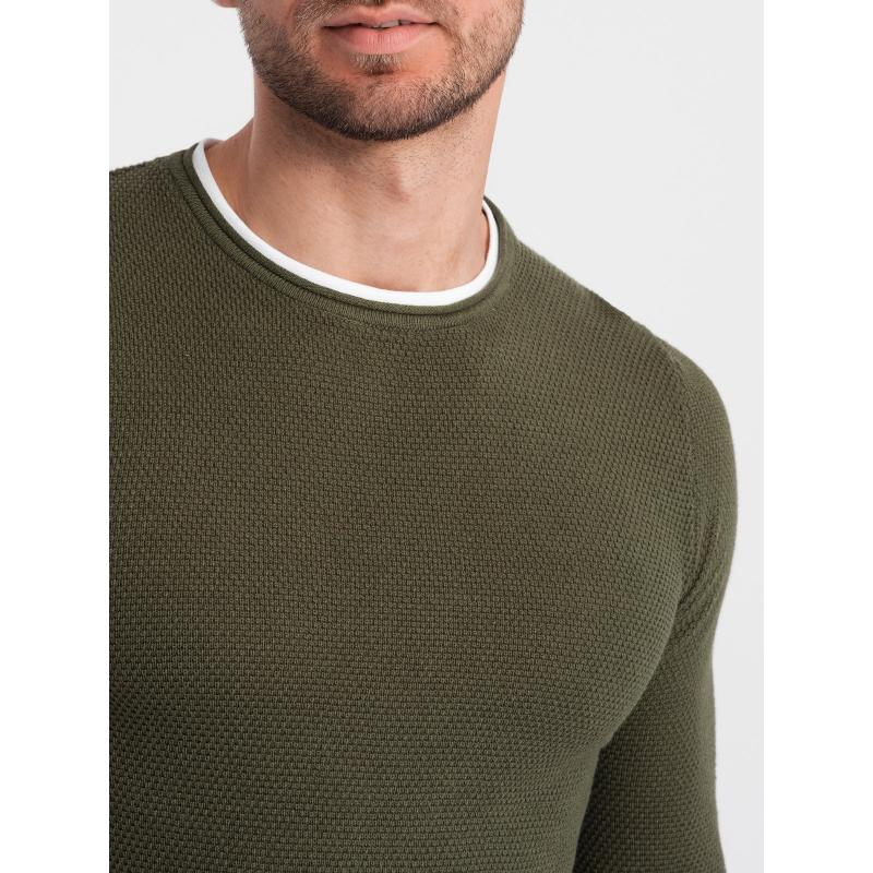 Pánský bavlněný svetr s kulatým výstřihem V7 OM-SWSW-0103 tmavě olivový 