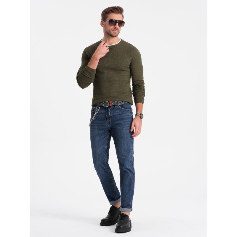 Pánský bavlněný svetr s kulatým výstřihem V7 OM-SWSW-0103 tmavě olivový 