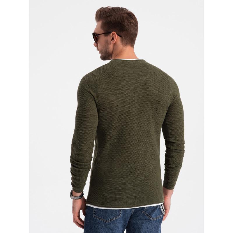 Pánský bavlněný svetr s kulatým výstřihem V7 OM-SWSW-0103 tmavě olivový 