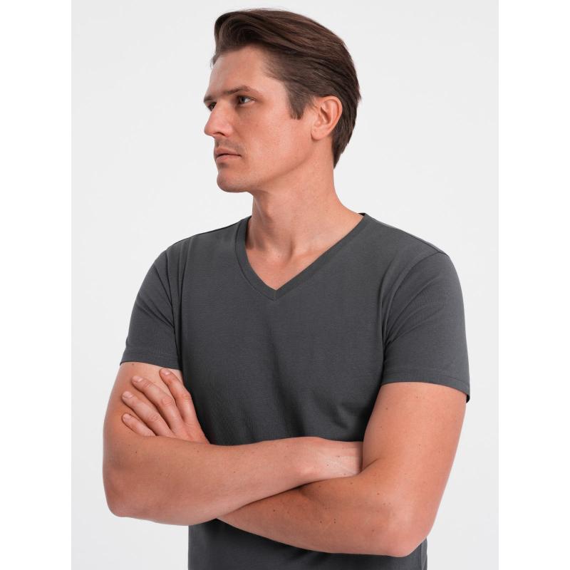Pánské klasické bavlněné tričko s výstřihem BASIC grafitové 