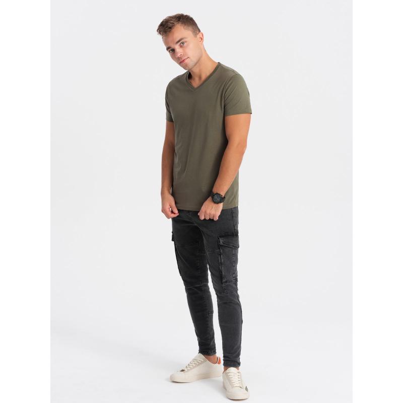 Pánské klasické bavlněné tričko s výstřihem BASIC tmavě olivové 
