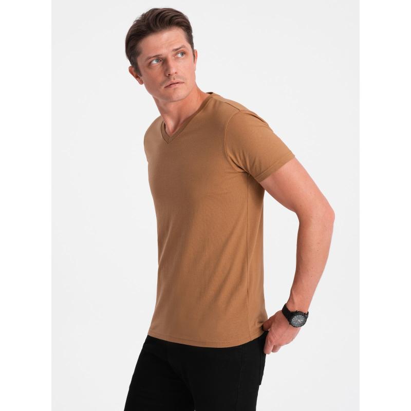 Pánske klasické bavlnené tričko s výstrihom BASIC teplá hnedá