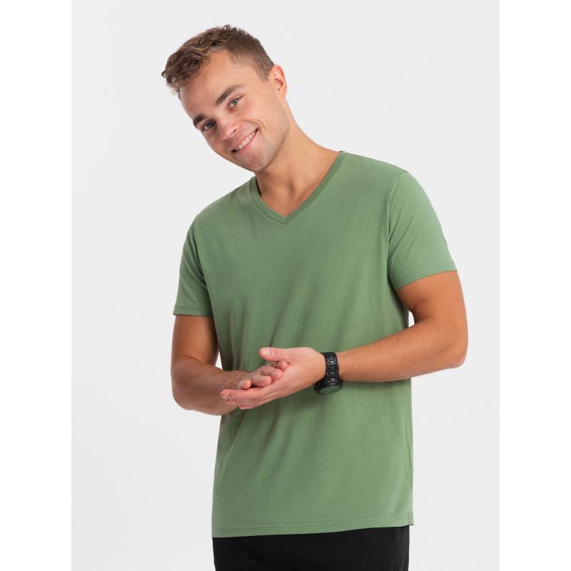 Pánske klasické bavlnené tričko s výstrihom BASIC zelené