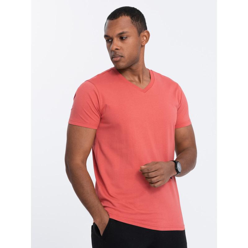 Pánské klasické bavlněné tričko s výstřihem BASIC růžové