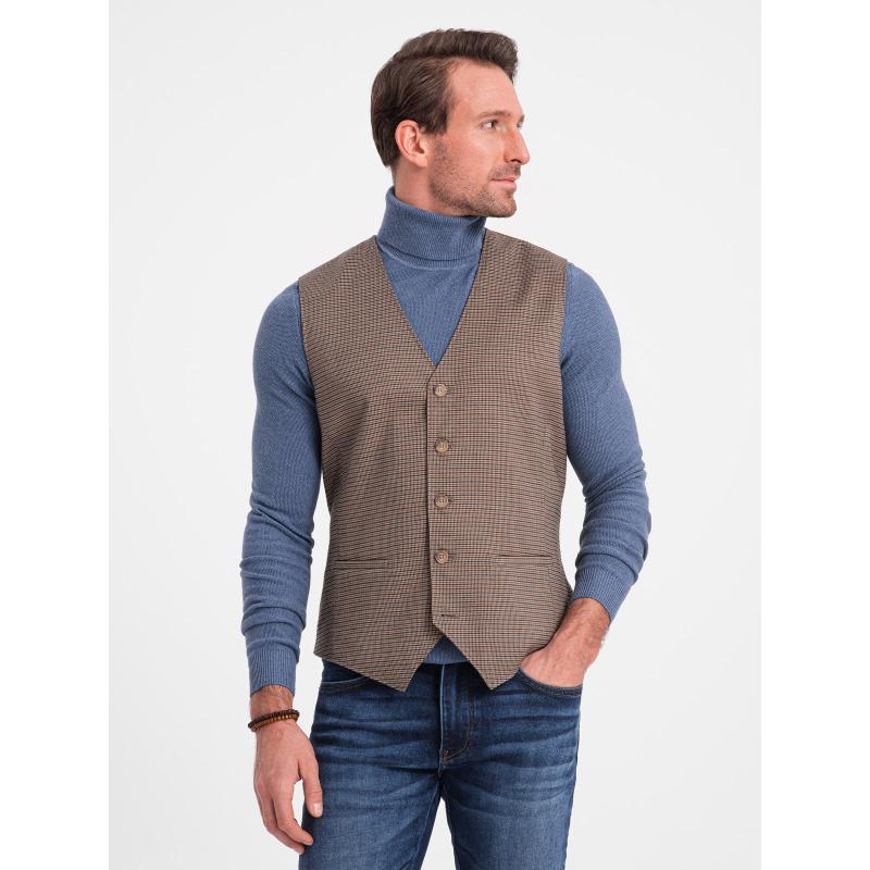 Pánska žakárová spoločenská vesta V1 OM-BLZV-0111 hnedá