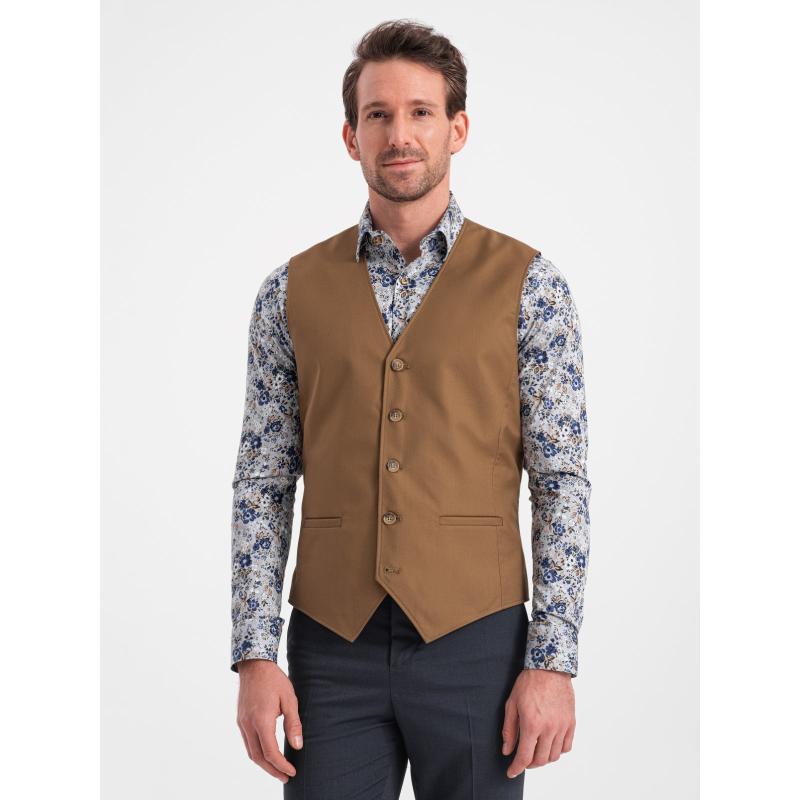 Pánská společenská vesta V1 OM-BLZV-0112 karamelová 
