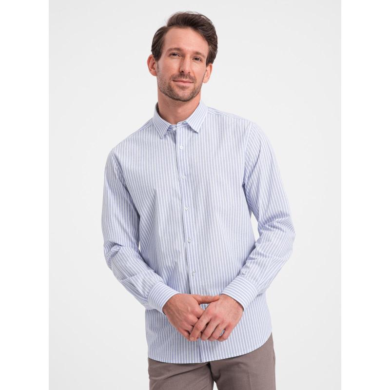 Pánske bavlnené tričko REGULAR FIT so zvislými pruhmi OM-SHOS-0155 modrá a biela