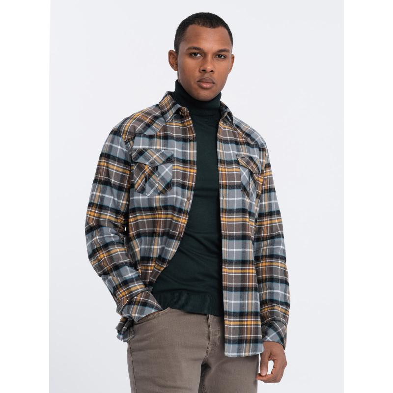 Pánská kostkovaná flanelová košile s kapsami V1 OM-SHCS-0149 šedožlutá 